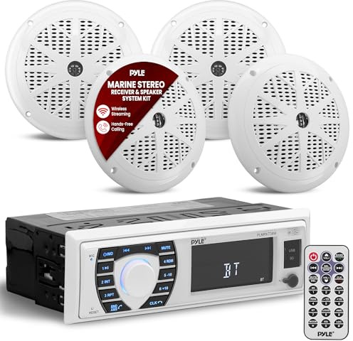 Pyle Marine Radio Receiver Speaker Set 12v Single Din Style Bluetooth Compatible Waterproof Digital Boat In Dash Console System with Mic 4 Speakers, Remote Control, Wiring Harness PLMRKT38W (White)