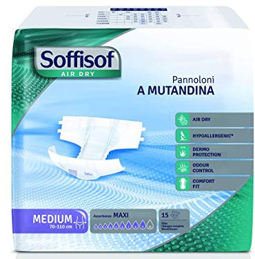 SILC SOFFISOF Air Dry, Elastische Windelhosen für Erwachsene, Medium-Größe, Hohe oder Schwere Inkontinenz, Maxi-Saugstärke, für die Nacht, 4 Packungen mit je 15 Stücken.