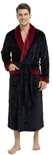 U2SKIIN Mens Fleece Robe Plush Collar Shawl Bathrobe (Black/Dark Red, L/XL)