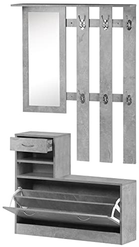 HOMCOM Recibidor de Entrada con Espejo Perchero y Zapatero Mueble de Recibidor de 2 Piezas con 6 Ganchos Estantes y Cajón Abatible para Pasillo Gris
