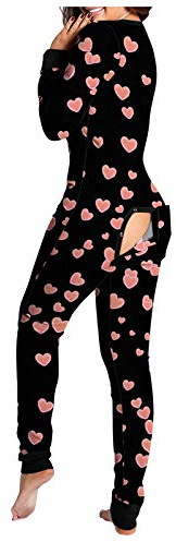 Combinaison pyjama pour femmes sexy avec bouton au dos et rabat fesses Pyjama en une pièce Homewear -Combinaison avec rabat fesses pour automne hiver avec manches longues et vêtements de nuit longs