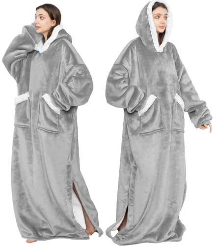 Emwwat Coperta con Cappuccio in Flanella, TV Oversize con Maniche e Tasche Giganti, Versatile per Uomini e Donne Adulti (Cenere)