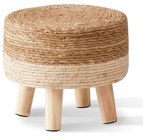 Cpintltr Foot Stool Natural Seagrass Hand Weave Poufs Round Ottoman for Couch Desk Soft Step Stool Padded Foot Rest with Non-Skid Pine Legs for Hallway Office Lounge Natural/White