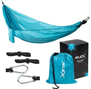 JELEX Relaxer Hangout Camping Outdoor Garten Hängematte 2,6 x 1,4 m, aus strapazierfähigem Material, belastbar bis 200 Kg. Inkl. reißfesten Seilen, Karabinerhaken und Aufbewahrungsbeutel