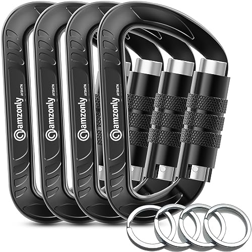 3inch Auto Locking Carabiner Clips Heavy Duty, 12KN /2697lbs Lightweight keychain carabiners, Sturdy Twist Lock Caribeeners for Camping Hiking Hammock Swing Backpack, dog leash and Harness etc, Black