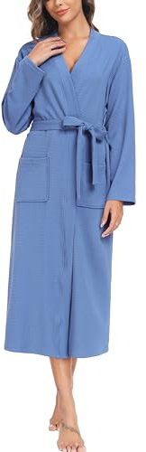 Sopesil Accappatoio Donna in Cotone Kimono Con Scollo a V Manica Lunga Abito Notte Con Tasche, XL, Blu
