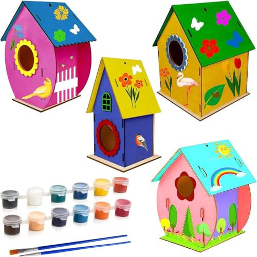 Sunshine smile 4 Stück Vogelhaus Basteln,Vogelhaus Bausatz für Kinder,Bastelset Kinder 4 Jahre,Kreative Bastelsets, Holz Puzzle Machen Set,Vogelkasten Basteln Geschenke für Mädchen Jungen Kleinkinder