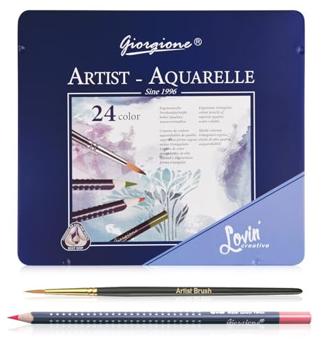 Surcotto Aquarellstifte - 24 wasservermalbare Buntstifte, wasserlösliche Buntstifte für Kinder und Erwachsene | wasserbasiert, sanfte Farben, mit Blechdose und feinem Pinsel, 24-teilig, dreikant