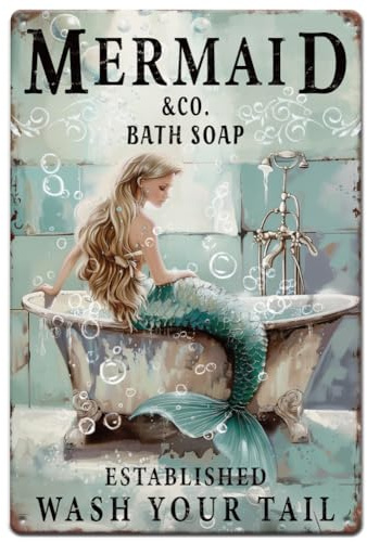 SUPERDANT Bathtubs Mermaid Metal Signs Bathroom Tin Signs Wash Your Tail Man Cave Sign Funny Bath Wall Plaques Metal Wall Art Vintage Decor Poster for Bathroom Bar Pub Decoration