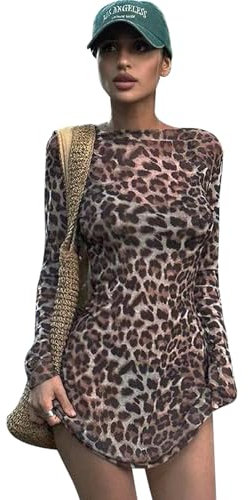 AOWVUTS Damen Langarm Minikleid Leopard Sexy Bodycon Kleid Freizeitkleid mit Rundhals Mesh Figurbetont Partykleid Transparentes Eng Clubkleid Kurzes Sommer Herbst Kleider