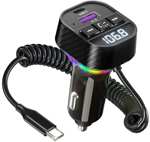 Fm Transmitter Auto Bluetooth 5.3 Bluetooth Adapter Auto 60W (PD 30W & USB-C Spiralkabel 30W) QC 3.0 Schnelles Aufladen, mit Freisprecheinrichtung,Unterstützt USB-Disk,LED-Licht