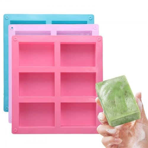 3 Pièces 6 Cavités Moule Savon Fait Maison, Moule à Savon Rectangulaire en Silicone, Moules à Savon Fait Maison Hand Made, Moule Barre de Céréales pour DIY Gâteaux, Muffins (Rose, Bleu, Violet)