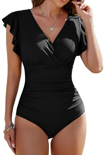 Yuson Girl Damen Badeanzug Rüschen V Ausschnitt Bauchweg Einteilige Push Up Schwimmanzug Monokinis Bademode Shape Badeanzug mit Bügel High Waist Swimsuits for Women(Schwarz, L)