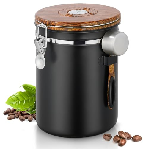 Kaffeedose Luftdicht 1kg Bohnen, 2,8 L Kaffeebohnenbehälter aus Edelstahl mit Deckel aus Holzmaserung, Vakuum Kaffeedose mit CO2-Ventil, Messlöffel & Datumsanzeige, Aufbewahrungsdose für Nüsse Kakao