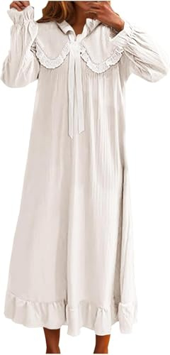 DSAoTeng Camisones largos de satén de manga larga para mujer, con lazo, ribete de encaje, cuello de muñeca, estilo vintage, para descansar sobre la rodilla, ropa de dormir para el hogar, blanco, L