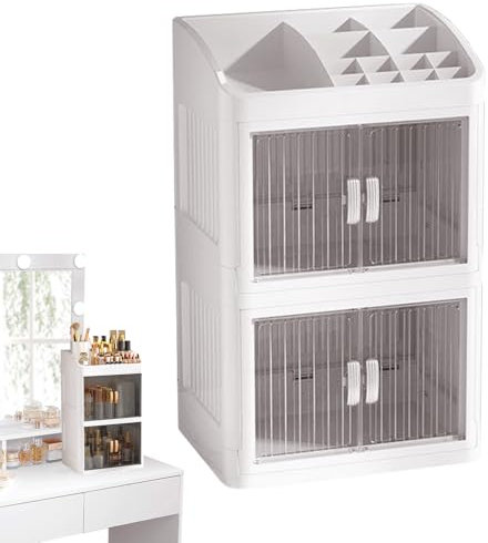 Box organizzatore per trucco, scatola di archiviazione per il trucco - Visualizzazione della cura della pelle con 3 strati,Custodia per contenitore cosmetica a grande capacità a prova di polvere per g