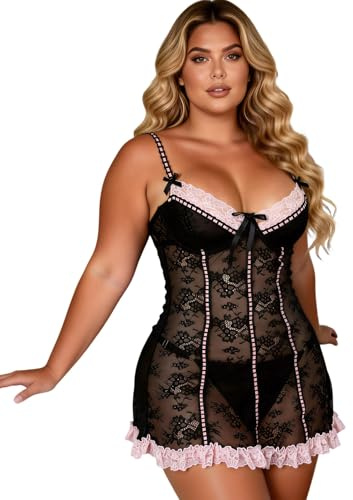 ohyeahlady Babydoll Sexy Lingerie for Women Sets Sheer Floral Lace Mini Dress Plus Size Chemise Nightwear Black Corset Dress Sexy Outfits Women UK 18