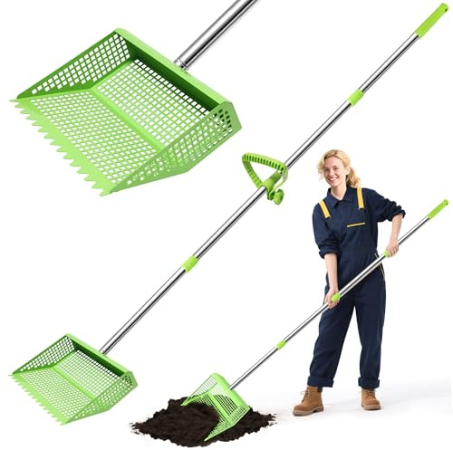 Chicken Poop Scooper & Rake 2-in-1,10 inches Metal Coop Shovel Sand Sifting Shovel with 35 to 62 Adjustable Handle,Cleaning Tools Scoop for Chicken Coops & Farm Animals