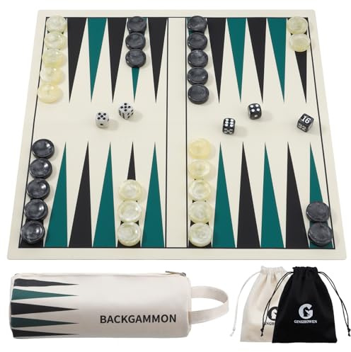 Backgammon Set, Premium Silicone Backgammon Classic Board Games for 2 Players, Foldable Backgammon Portable Travel Game Set with Carrying Storage Bag (Green)