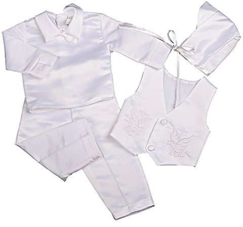 Lito Angels Vetement Tenue de Bapteme en Satin pour Bebe Garcon, Ensemble Costume Blanc 4 Pieces avec Bonnet, Manches Longues, Taille 3-6 Mois