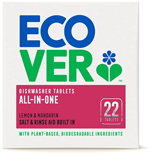 Ecover All in One Spülmaschinentabs | Enthält Salz & Klarspüler | Kraftvolle Reinigung | Zitronen- & Limettenduft | 1er Pack | 22 Tabletten