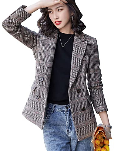 ebossy - Blazer de mujer con cuello dentado, cierre de 2 botones, corte boyfriend – Chaqueta/abrigo de cuadros de gallina, XS