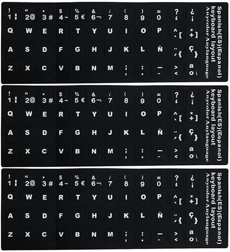 Juego de 3 pegatinas negras no transparentes de repuesto en español, con letras blancas (Brillantes), aptas para cualquier teclado estándar, teclado de ordenador portátil, Useful and Practical