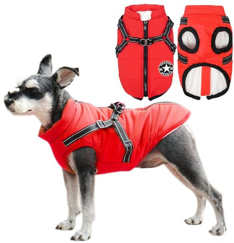 Voarge Giubbotto invernale per cani, cappotto per cani con pettorina per cani di piccola taglia, impermeabile, lavabile a strisce riflettenti, design resistente (Rosso, S)