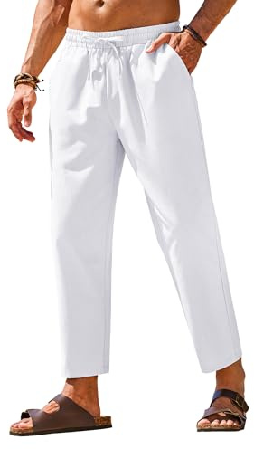 COOFANDY Mens Linen Pants Elastic Waist Casual Trousers Yoga Beach Summer Pants White