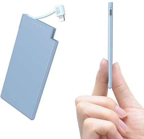 Auskang 5000mAh Power Bank with built-in Charging Cable, Ultra Slim and Super Lightweight Portable Charger Small External Battery, Compatible with iphone (Excluding iPhone 15 series)- Blue