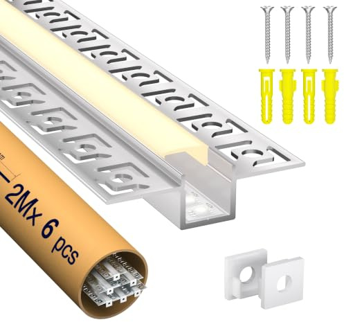 LED-aluminiumprofil 2 m x 6 (12 m) - aluminiumprofil för LED-remsa, infällbar U-formad LED-profil med lock mjölkvit, ändstycken