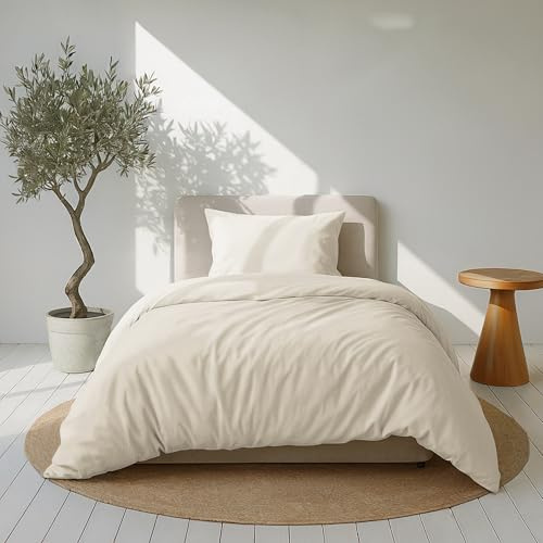 Dreamzie Funda Nordica Algodon Satinado 135x200 cm - Beige - Ropa de Cama, Funda Edredon 135x200 cm y 1 Funda Almohada 80x80 cm - Algodón Satinado - 2 Piezas