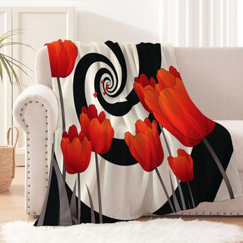 GSAEIMCT Bedruckt Decke für Erwachsene Kinder Flanell Fleecedecke, Geometrie, Rote Blume, Kuscheldecke Plüschdecke Flauschig Decken Sofa Couch Weich Wohndecke, 150x200cm