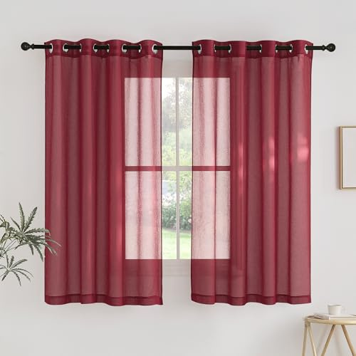 PONY DANCE Transparente Vorhang Rot Schlafzimmer Gardinen und Vorhänge Leinenoptik Fenstervorhänge für Badezimmer Übergardinen mit Ösen, Ösenschal 2er Set H 160 x B 140 cm