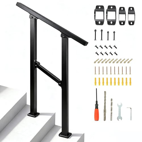 FREEAMG 67CM Rampe Escalier Extérieure et Intérieur pour 1 à 2 Marches, Main Courante de Marche à Angle Réglable, Rampe d'Escalier en Métal Adaptée aux Marches en Béton, en Bois et en Brique
