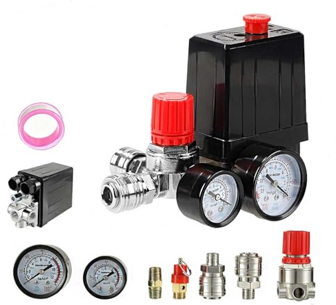 CDDCWZ Presostato para compresor de aire, regulador de presión de 220 V para compresor de aire con manómetro y acoplamientos de válvula de seguridad, repuestos para compresor de 90-120 PSI