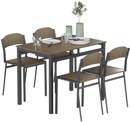 HOMCOM Juego de Mesa y Sillas de Comedor, Mesa de Cocina Rectangular con 4 Sillas, Estilo Moderno, Marco Metálico, para Espacios Pequeños, Salón, Marrón Oscuro y Negro