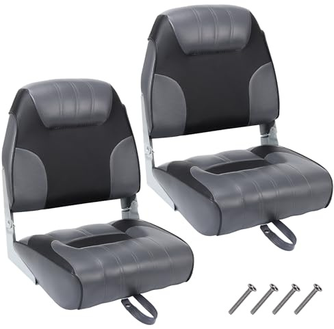 Garvee Sièges pliables bateau – Lot de 2, dossier bas, coussin mousse épais, résistant intempéries, vis inox, idéal pêche, croisière, speedboat – Noir et gris à surpiqûres