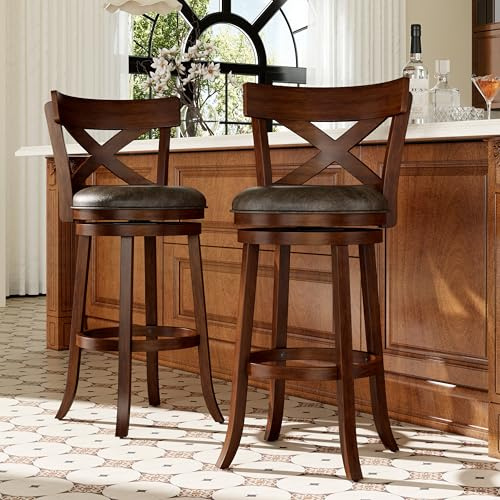 ALPHA HOME 360° Swivel Bar Stools Set of 2, Wooden Bar Stools with Backs | 76 cm High Stool with Thick Padded Faux Leather, Breakfast Bar Stools for Kitchen Home Bar, Dark Brown