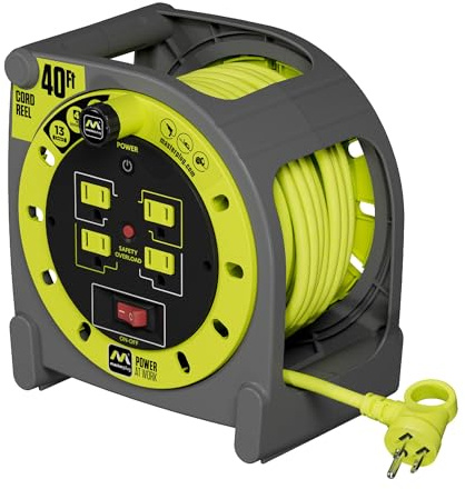 Masterplug 40ft Case Cord Reel, Retractable Extension Lead with Winding Handle, Safety Overload Circuit Breaker and Power Switch, 4X Grounded Outlets, 13amps, 14AWG Cable