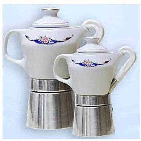 Sirge Caffettiera Moka 4 tazzine in fine porcellana certificata e decorata oro (Disegno Blu)