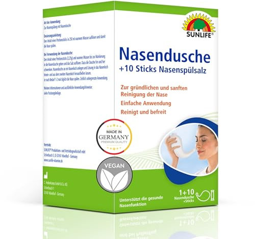 SUNLIFE Nasendusche inkl. 1 x 10 Sticks Nasenspülsalz - Salz Nasendusche zur Reinigung der Nase - Nasendusche zur Vorsorge bei Erkältung & Allergie - Nasenspülung Set für Erwachsene & Kinder