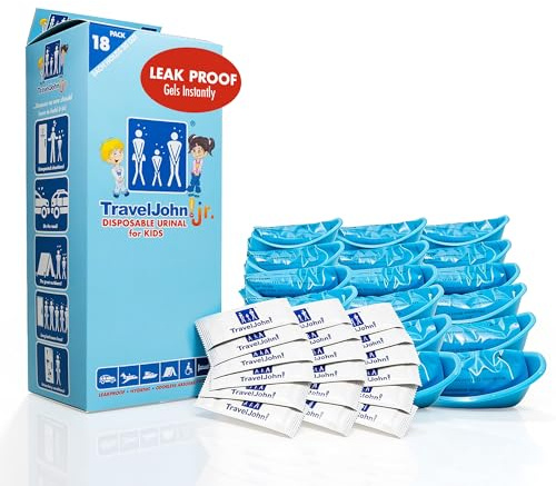 TravelJohn Jr. Disposable Urinal – Leak-proof, Hygienic, Odorless & Compact for Kids & All Genders – Disposable Urine Bags for Travel, Emergency, Camping & Car Road Trips – 18 Pack (TJ1H)