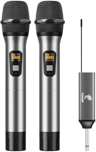 TONOR Wireless Microphones, 60 m/200ft UHF Dual Cordless Metal Dynamic Mic System with Receiver, Microfonos Inalambricos Professional for Karaoke Singing, Wedding, Party, Speech, Church, TW630 Silver
