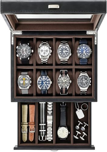 TAWBURY Uhrenbox herren für 8 uhren – Uhren und schmuckaufbewahrung schwarz Box mit Schublade für Herren | Kunstleder Uhren aufbewahrungsbox | Luxus-Uhrenkasten für Herren | Uhrenhalter