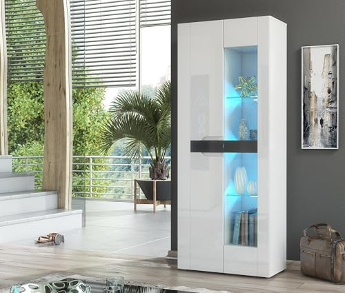Furneo Milano 08 – White 2-Door Display Cabinet, High Gloss & Matt Finish, Blue LED Lights