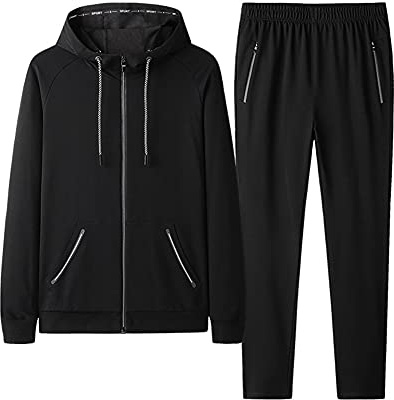 Completo Uomo Sportivo 2 Pezzi Taglie Forti Tuta Sportiva da Jogging Felpa Maniche Lunghe con Cappuccio e Cerniera+Pantaloni Sportivi ​Tuta da Ginnastica Full Zip Abbigliamento Sportivo Nero A1 6XL