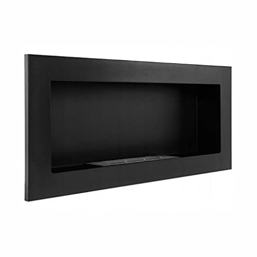 EasyParts GMT- Bioethanol Eco Smokeless Fireplace Black 90x40cm,Indoor Decor Wall mounted or recessed Fire Heater Chimney,Modern Frame Design,Easy to Mount w/ Bio Liquid Fuel & Stones & Aroma Oils