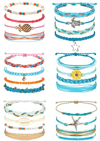 LOLIAS 24 Pieces Waterproof Ankle String Bracelets for Women Surfer Wave Boho Bracelet Adjustable Handmade Friendship Bracelet String Ocean Beach Boho Bracelets Anklets for Women