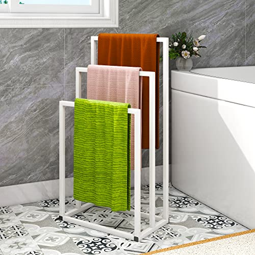 Porte-serviettes autonome avec 3 supports de serviettes pour accessoires de salle de bain, porte-serviettes, rangement pour serviettes de bain et essuie-mains, blanc
